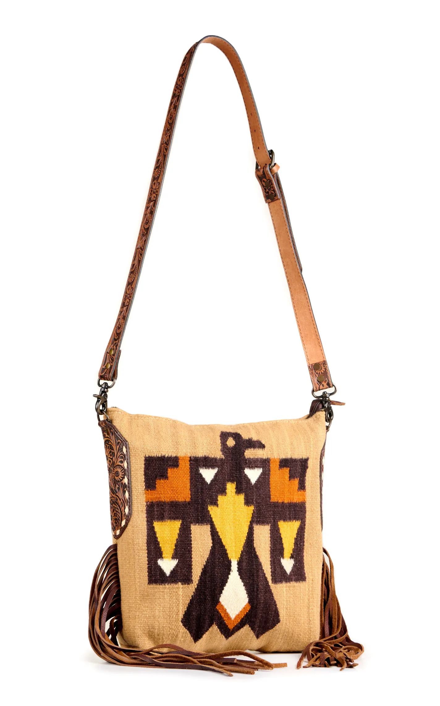 American Darling Fringed Thunderbird Blanket & Tooled Western Crossbody 