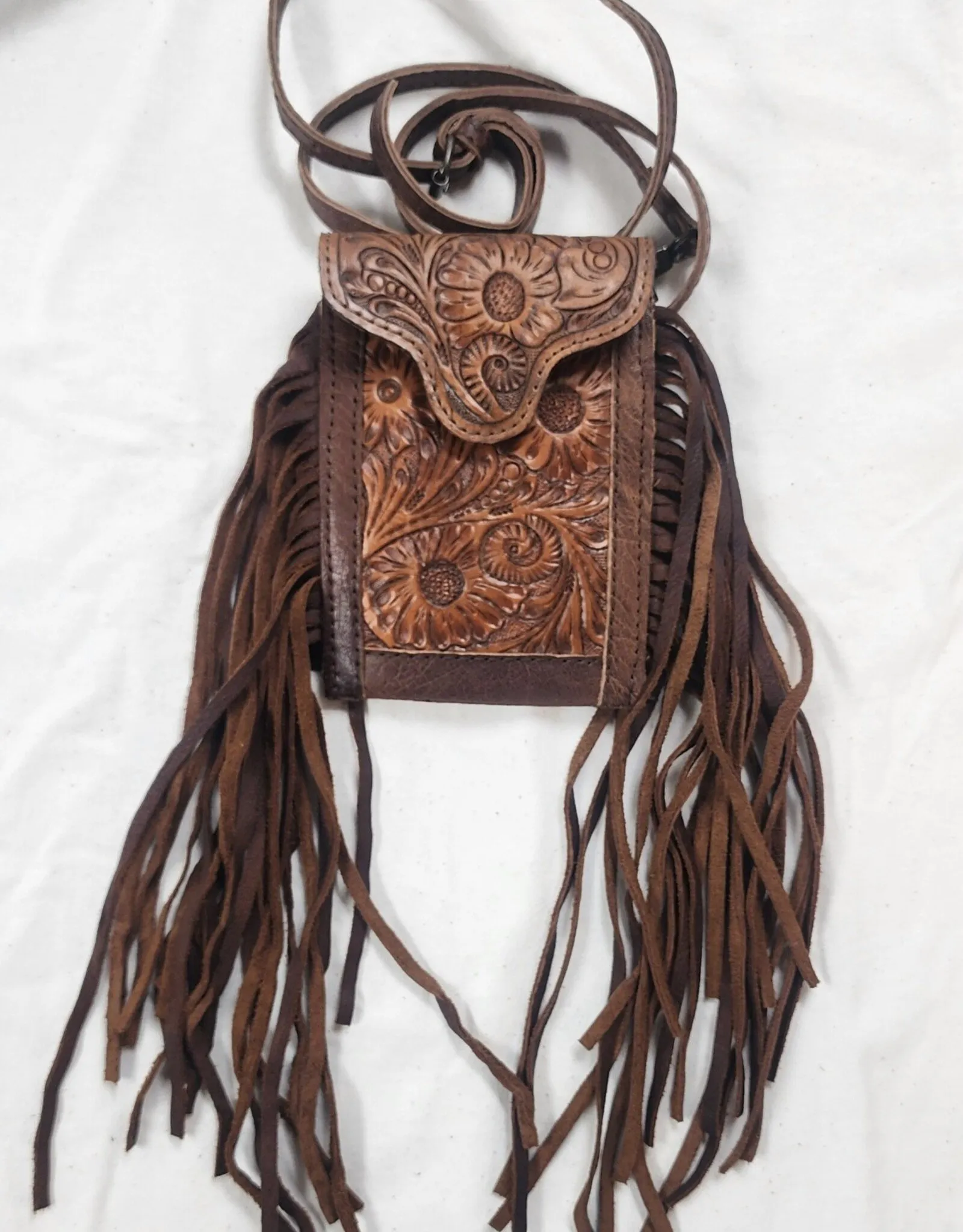 American Darling Tooled Full Grain Leather Small  Fringed Crossbody Purse