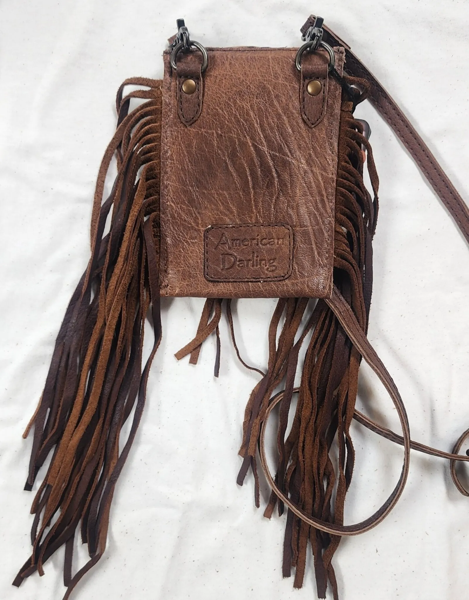 American Darling Tooled Full Grain Leather Small  Fringed Crossbody Purse