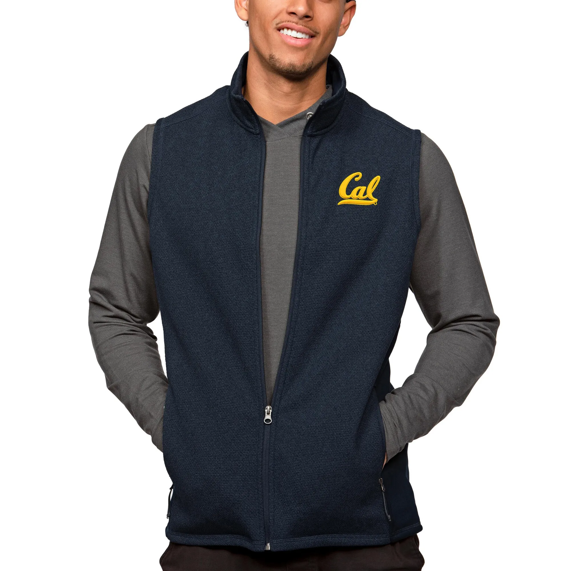 Antigua Cal Bears Heather Navy Course Full-Zip Vest