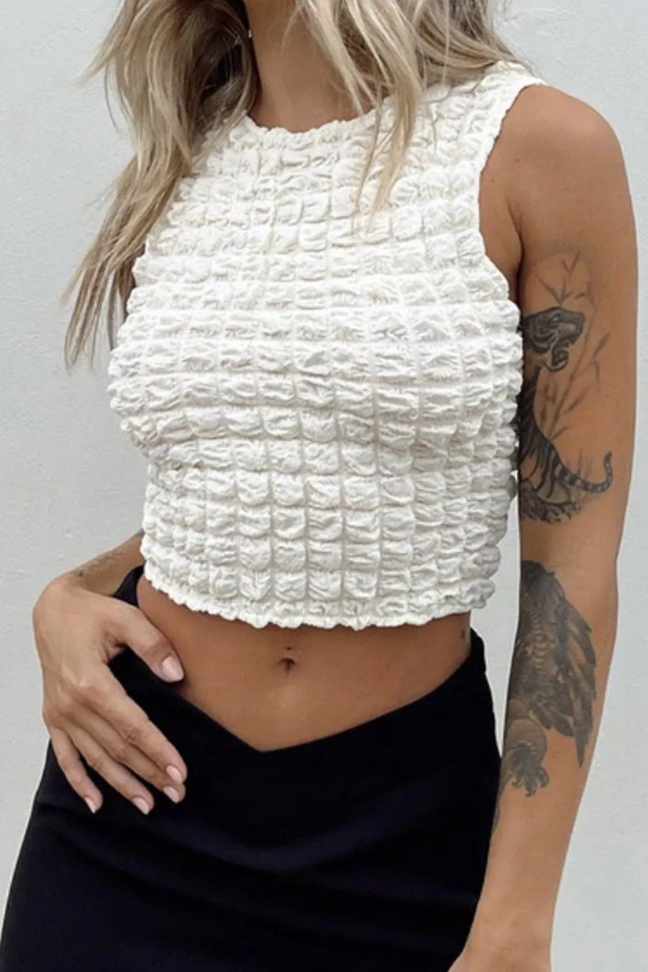 Beige Bubble Textured Tank Crop Top