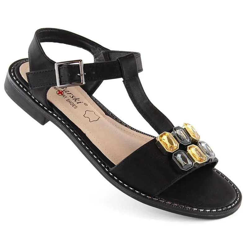 Comfortable black women's sandals with cubic zirconia S.Barski 030