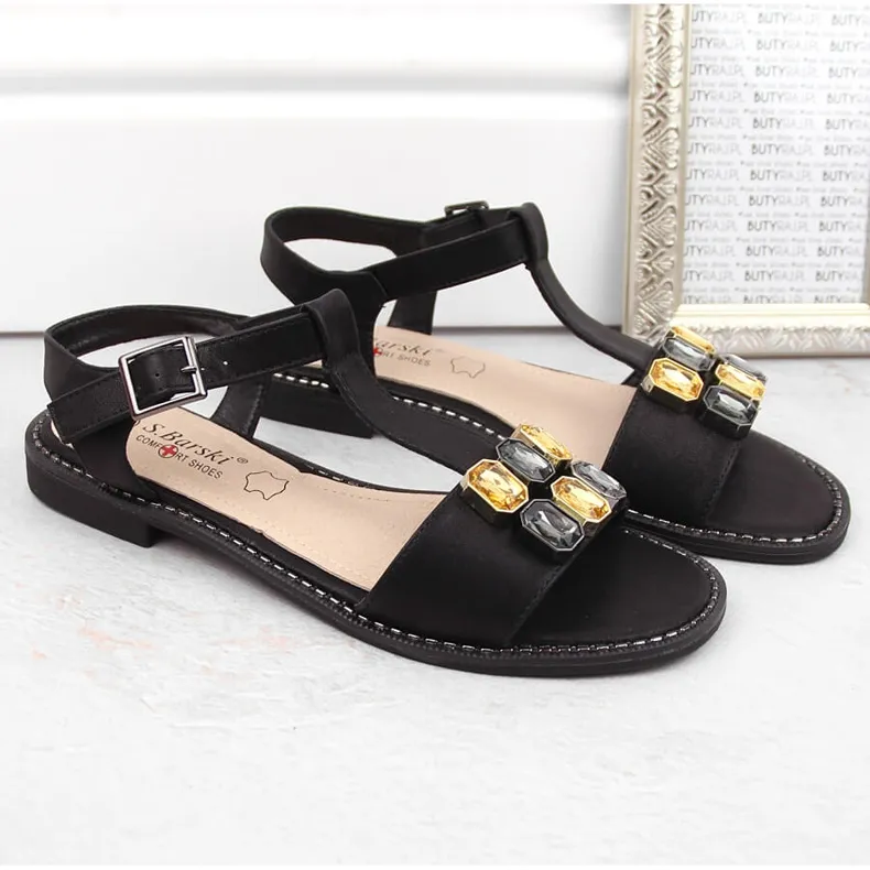 Comfortable black women's sandals with cubic zirconia S.Barski 030