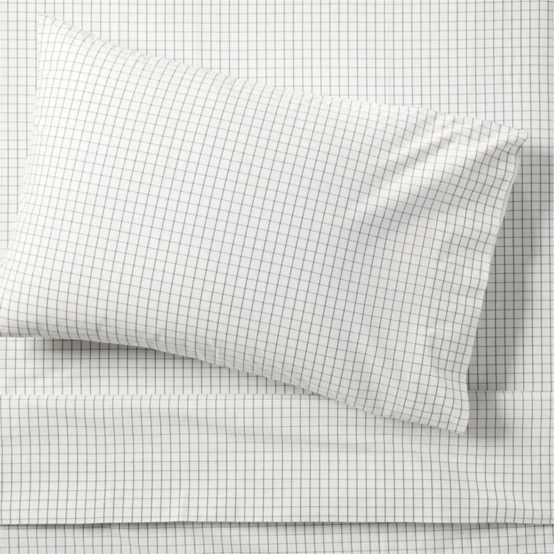 Crate&Barrel Stax Mini Grid Grey Yarn-Dyed Organic Cotton Kids Twin Sheet Set