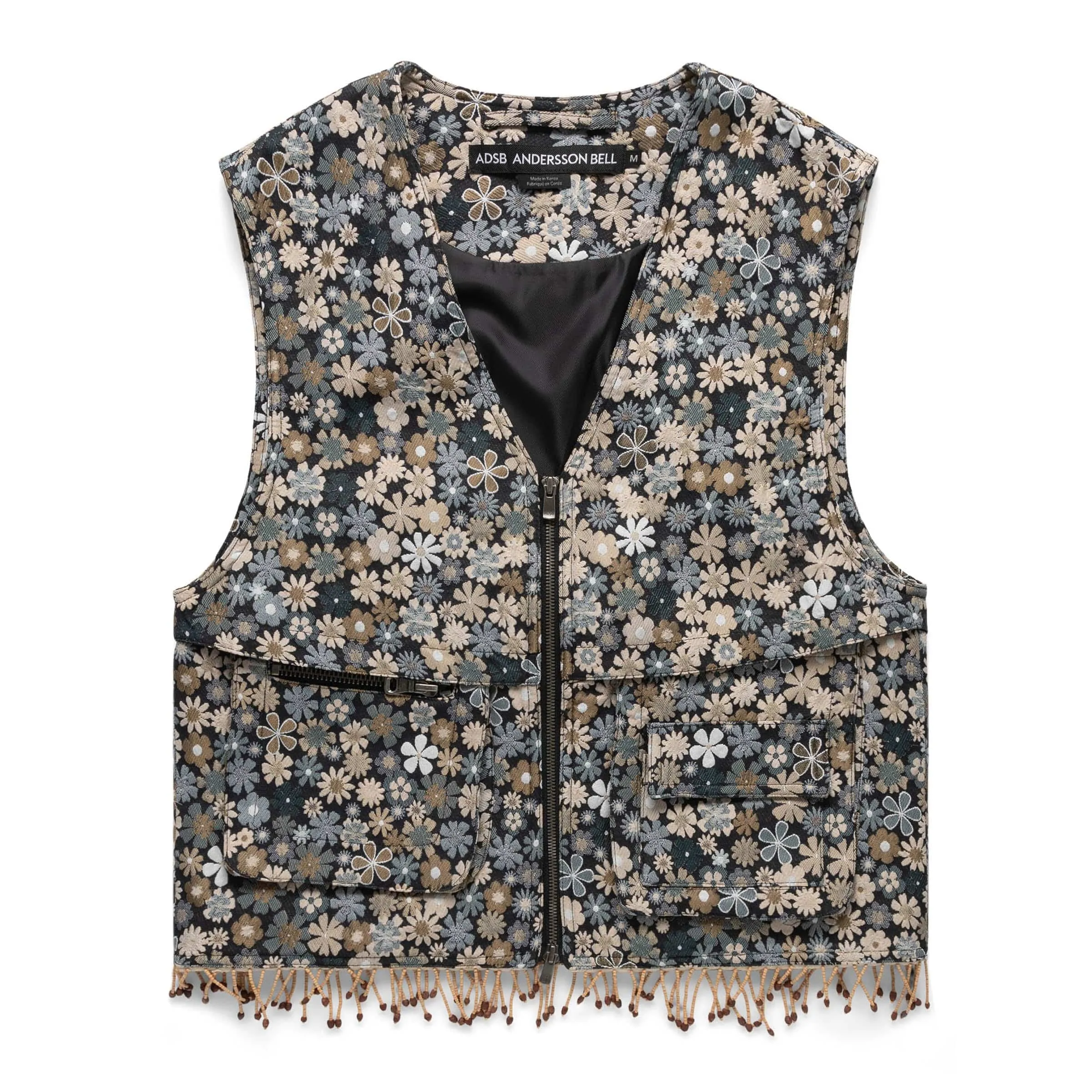 FLOWER V-NECK ZIP-UP VEST BEIGE/BLACK | Bodega