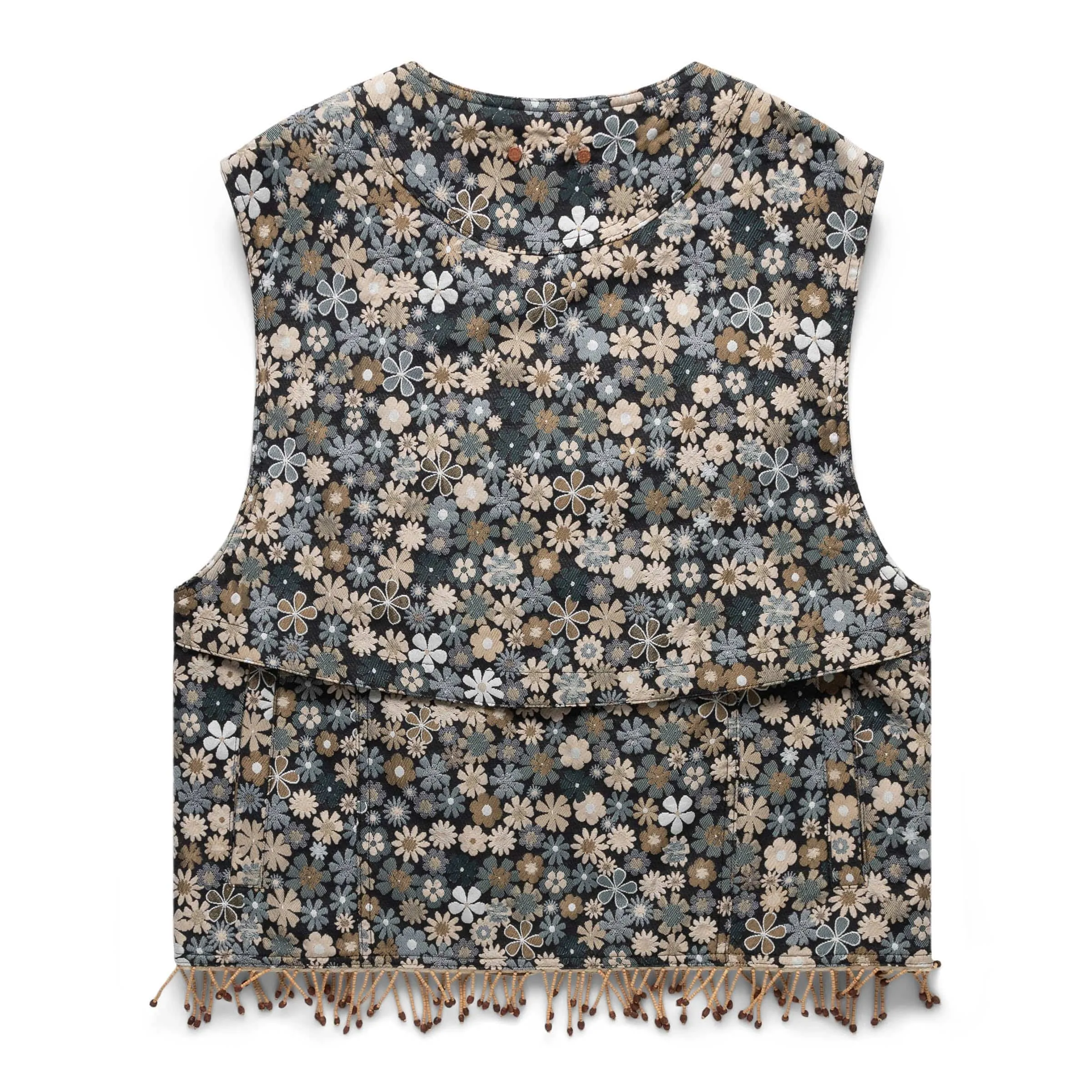 FLOWER V-NECK ZIP-UP VEST BEIGE/BLACK | Bodega