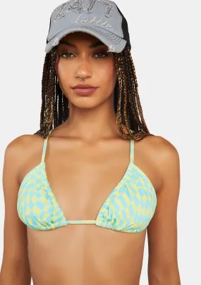 Lime Wave Check Gathered Tri Bikini Top-