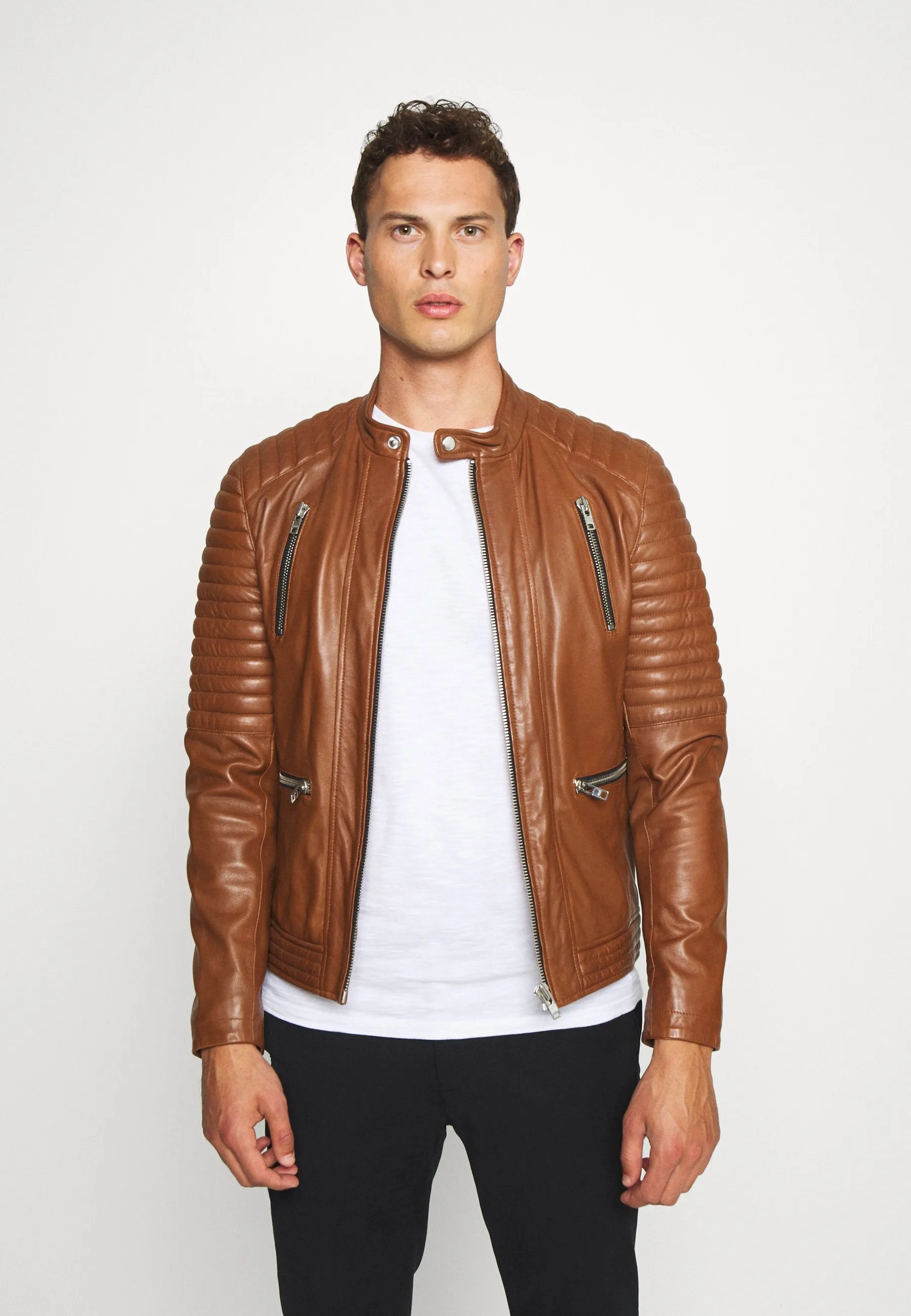 Men's Tan Brown Leather Biker Jacket