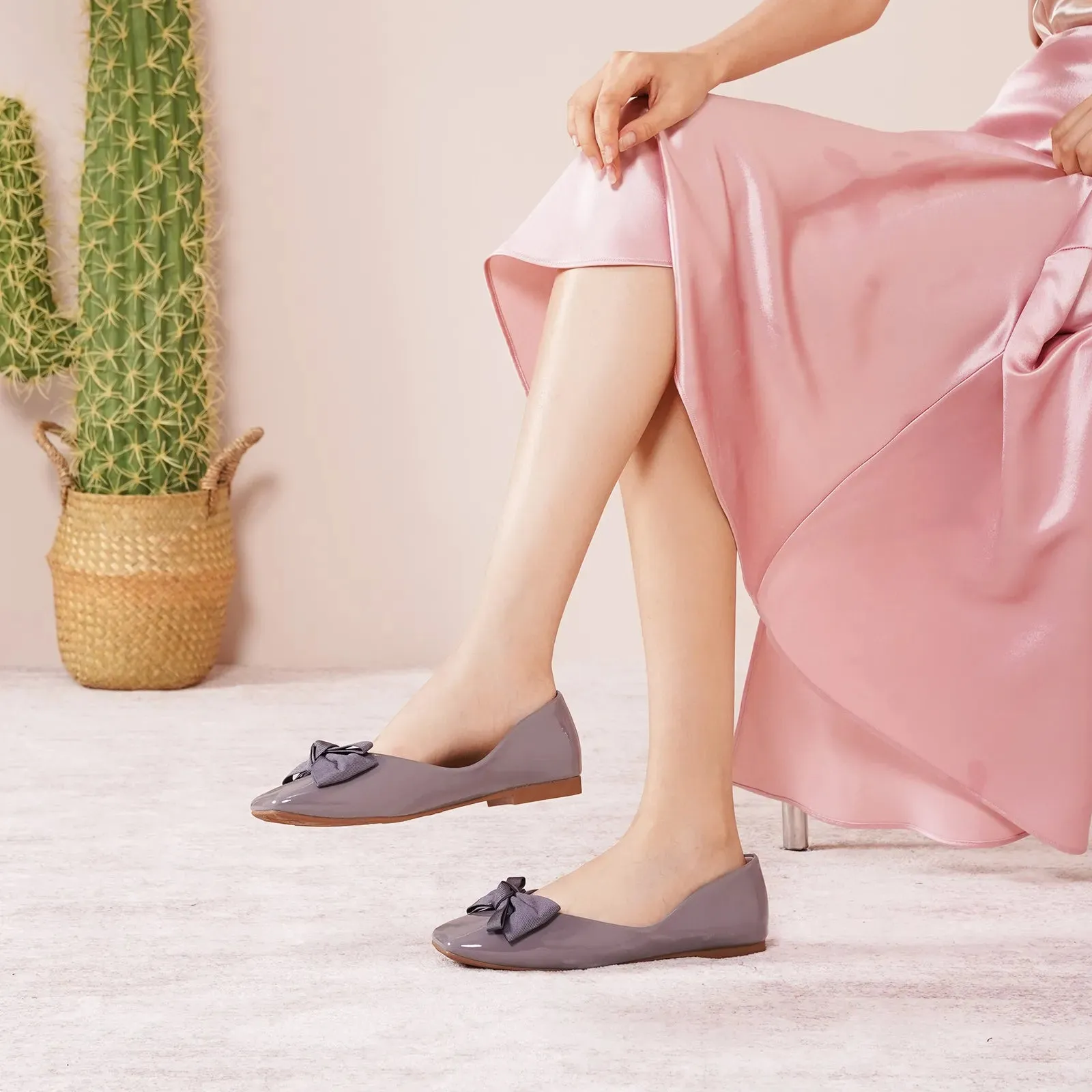 Patent Bow Ballerina Flats (Eva) Grey