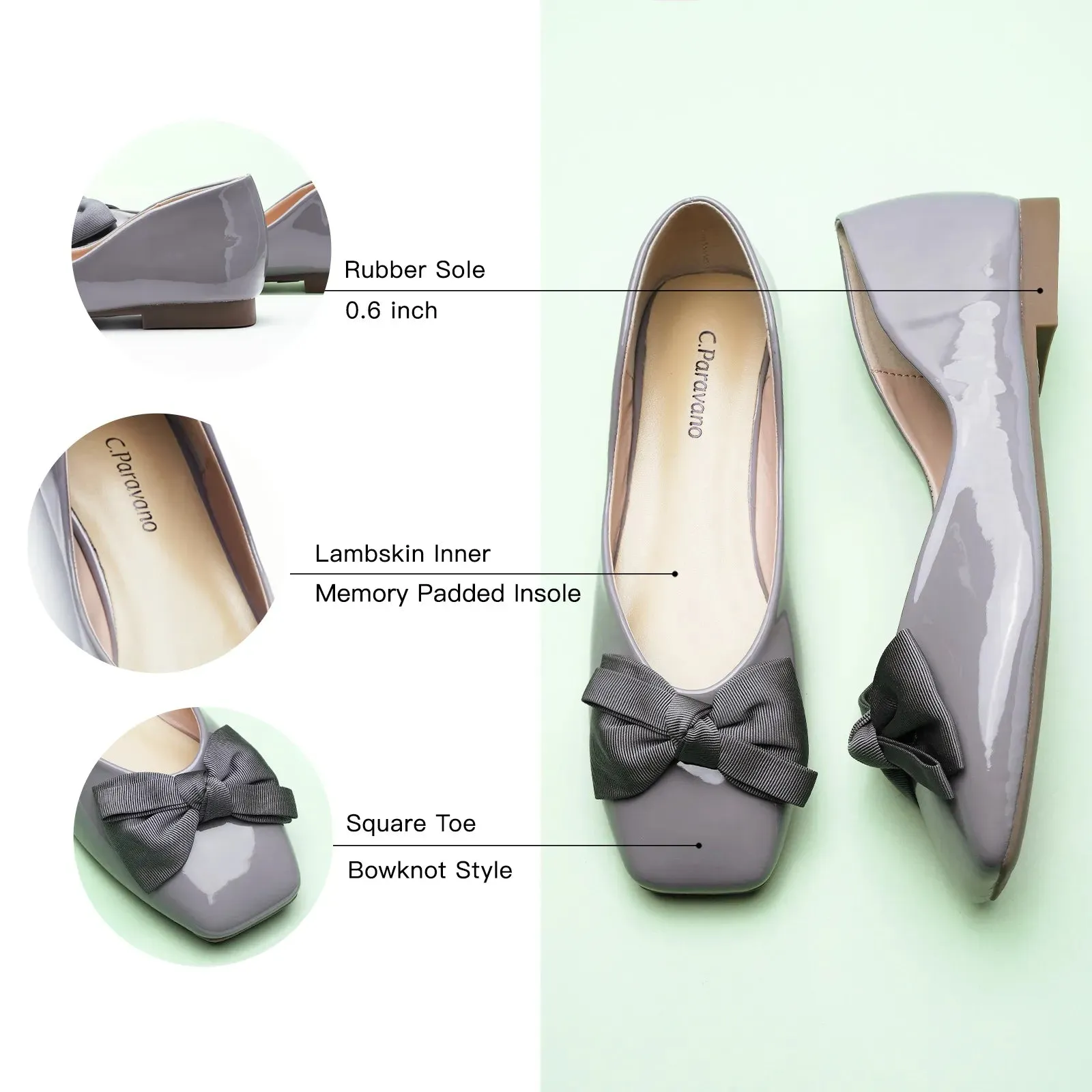 Patent Bow Ballerina Flats (Eva) Grey