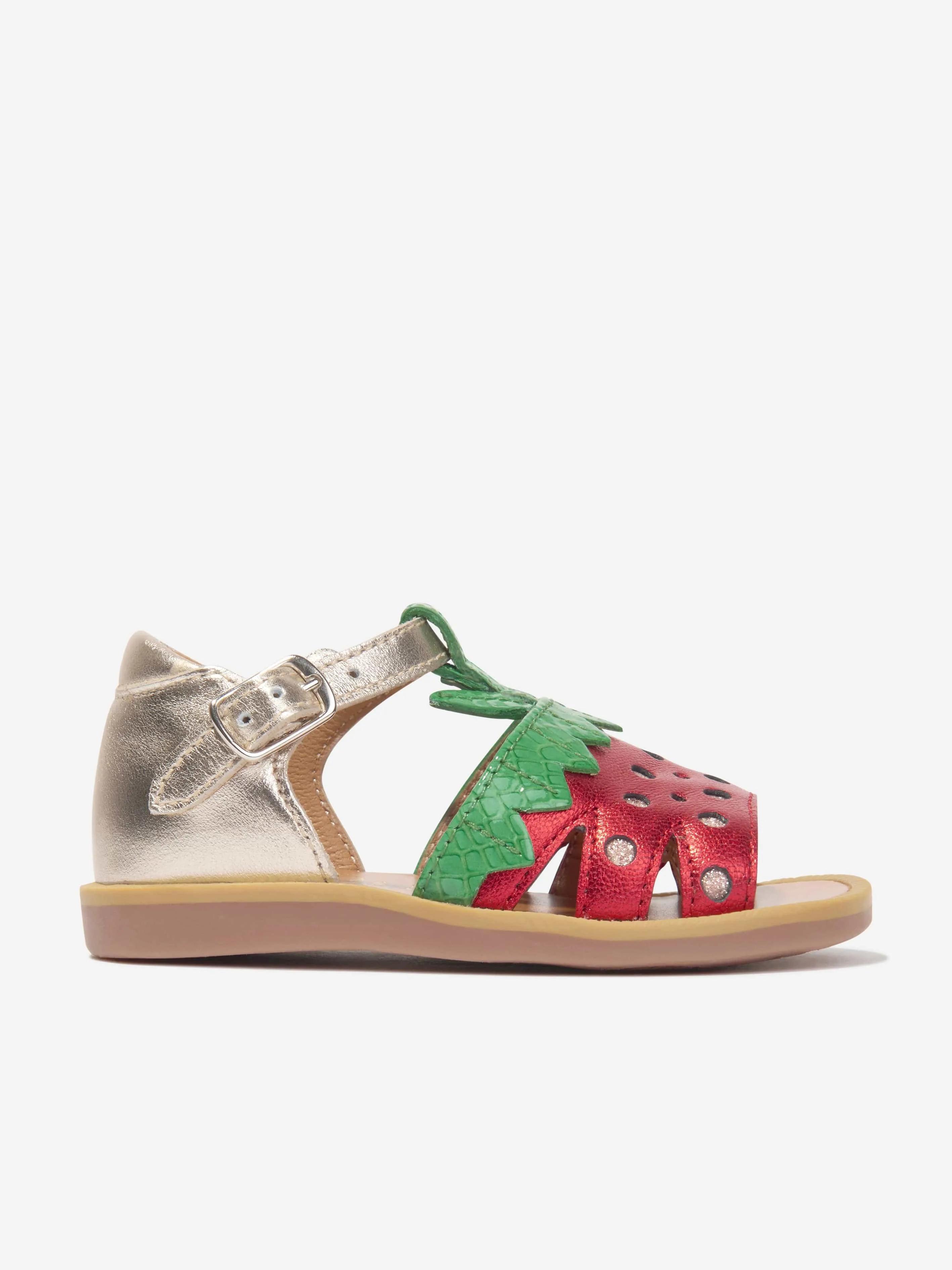 Pom D'Api Girls Leather Poppy Strawberry Sandals in Gold