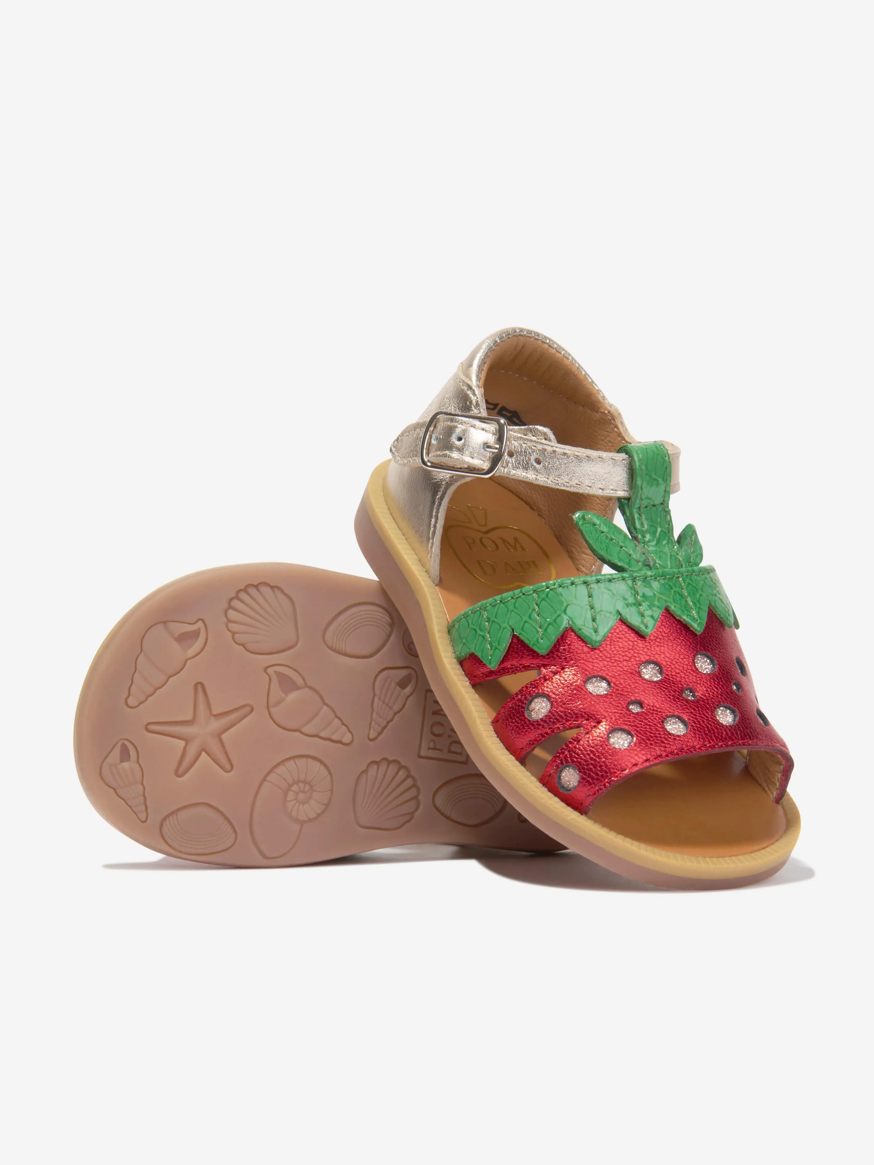 Pom D'Api Girls Leather Poppy Strawberry Sandals in Gold