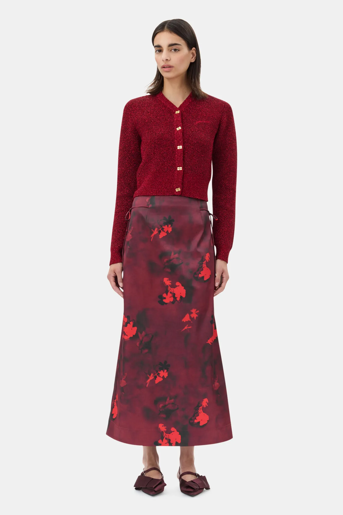 Red Printed Satin Maxi Skirt