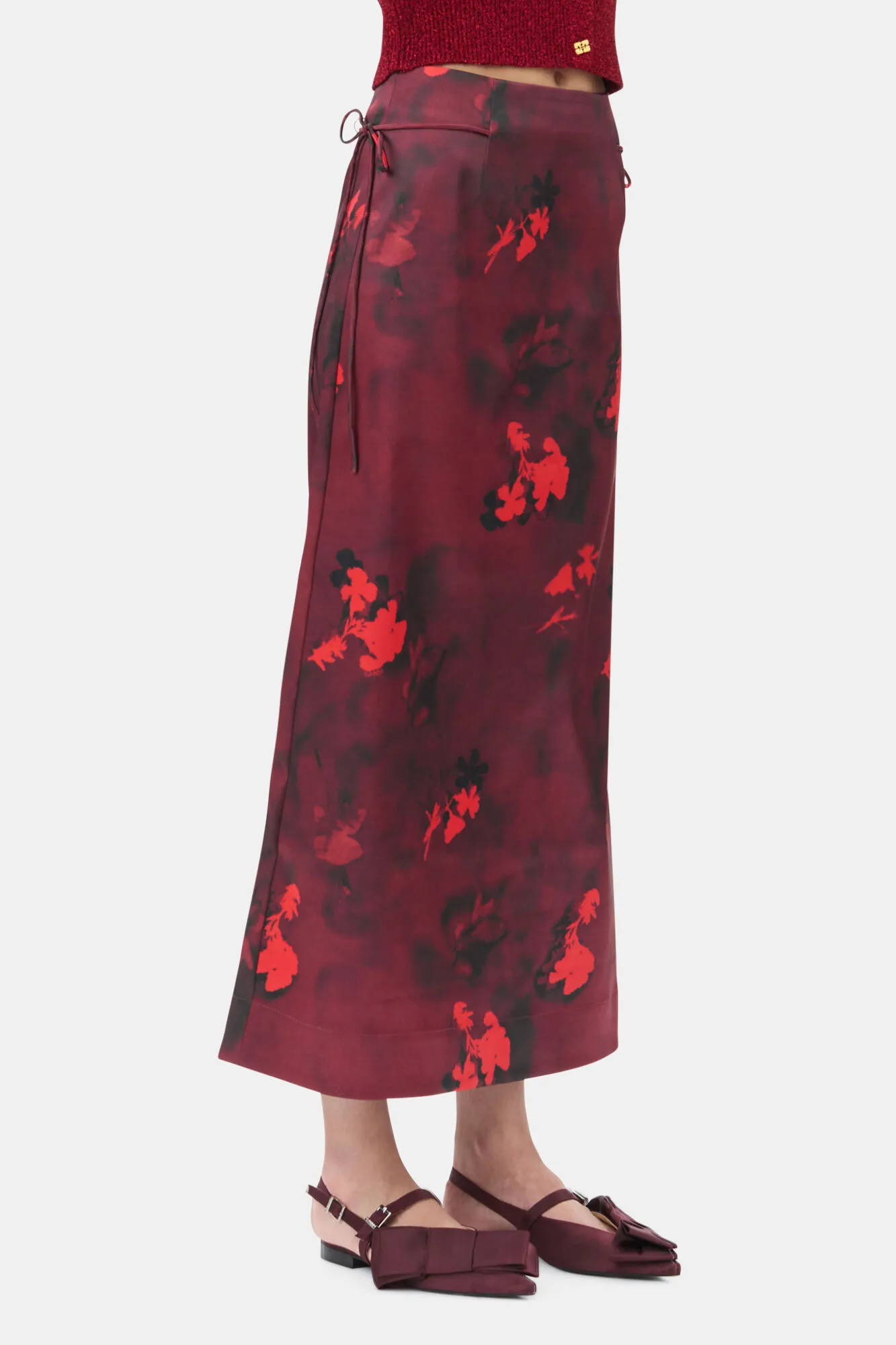 Red Printed Satin Maxi Skirt