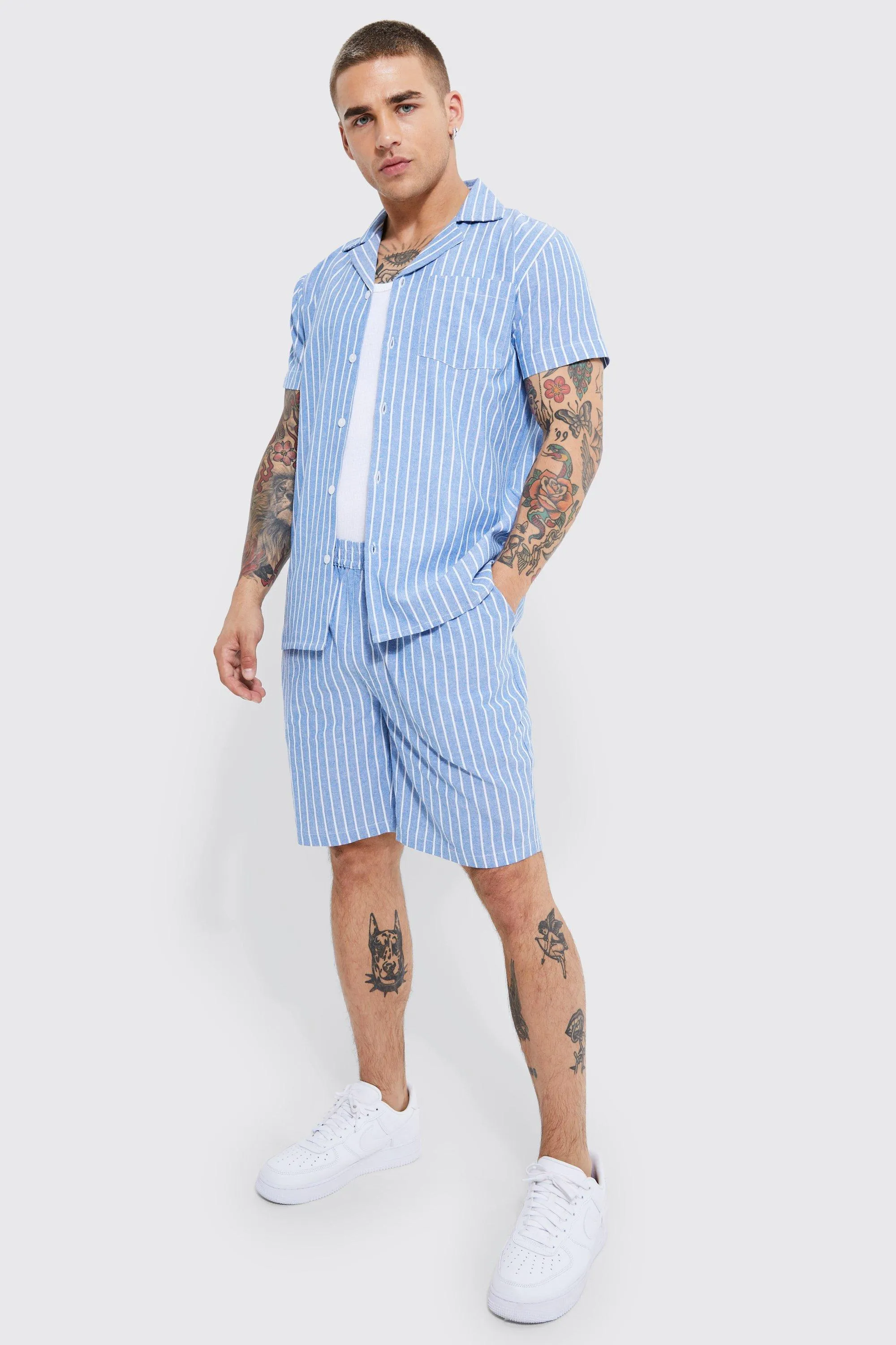 Short Sleeve Texture Smart Stripe Shirt & Short Set | boohooMAN UK