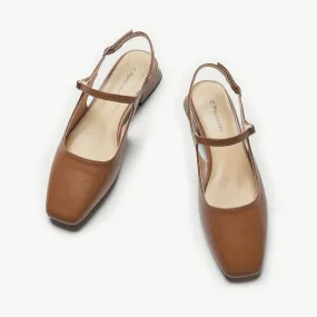 Square-Toe Sleek Slingback Flats (Felicia) Brown