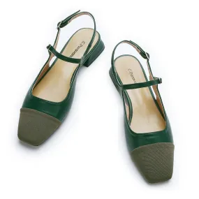 Square-Toe Slingback Flats (Felicia) Dark Green