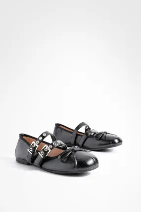 Stud Buckle Strap Bow Detail Ballet Flats