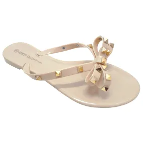 STUDDED BOW JELLY THONG SANDALS