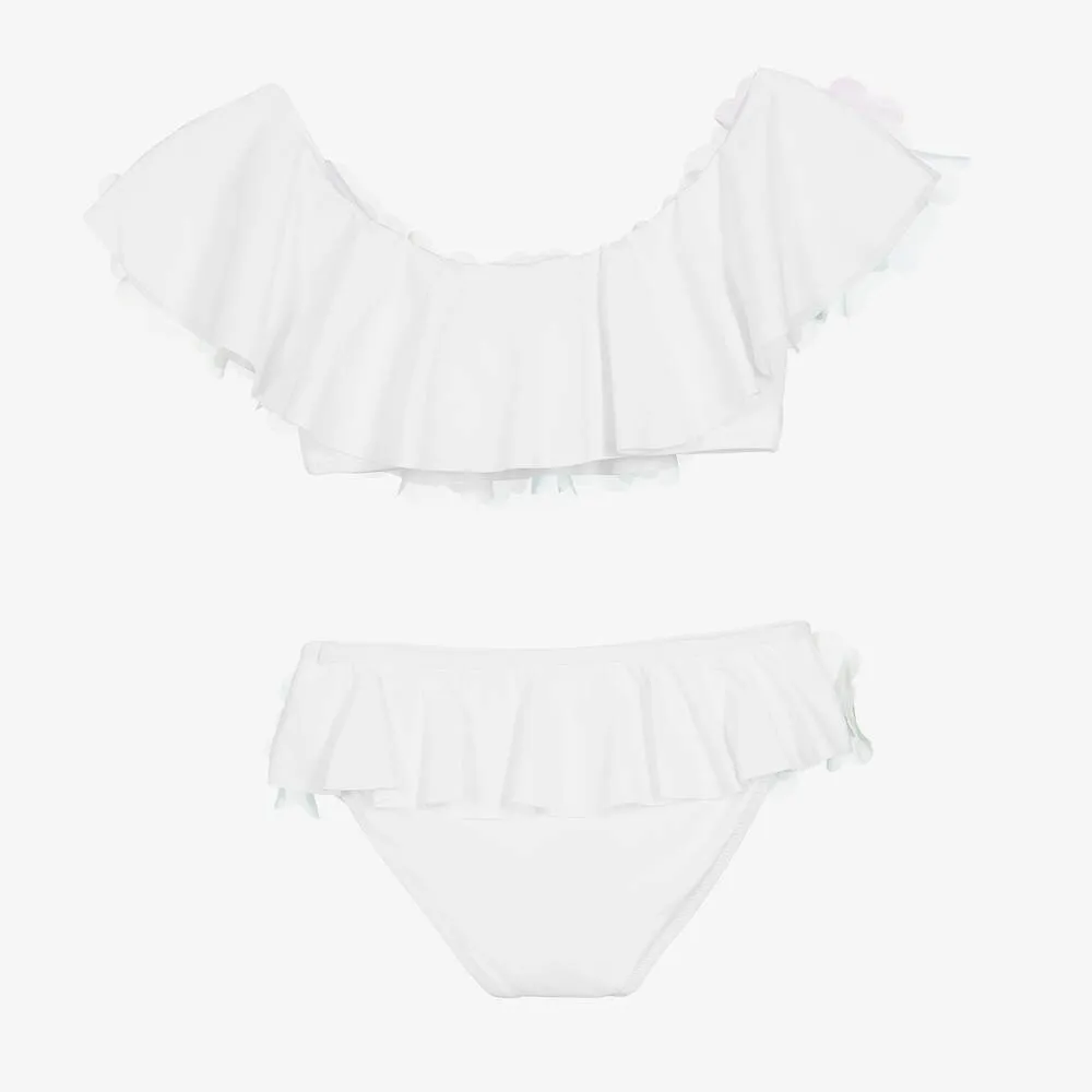 Teen Girls White Floral Ruffle Bikini