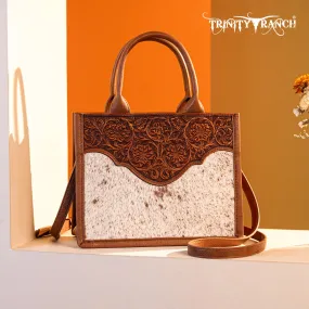 TR178G-8899   Trinity Ranch Hair On Cowhide Floral Tooled Concealed Carry Tote/Crossbody - Brown