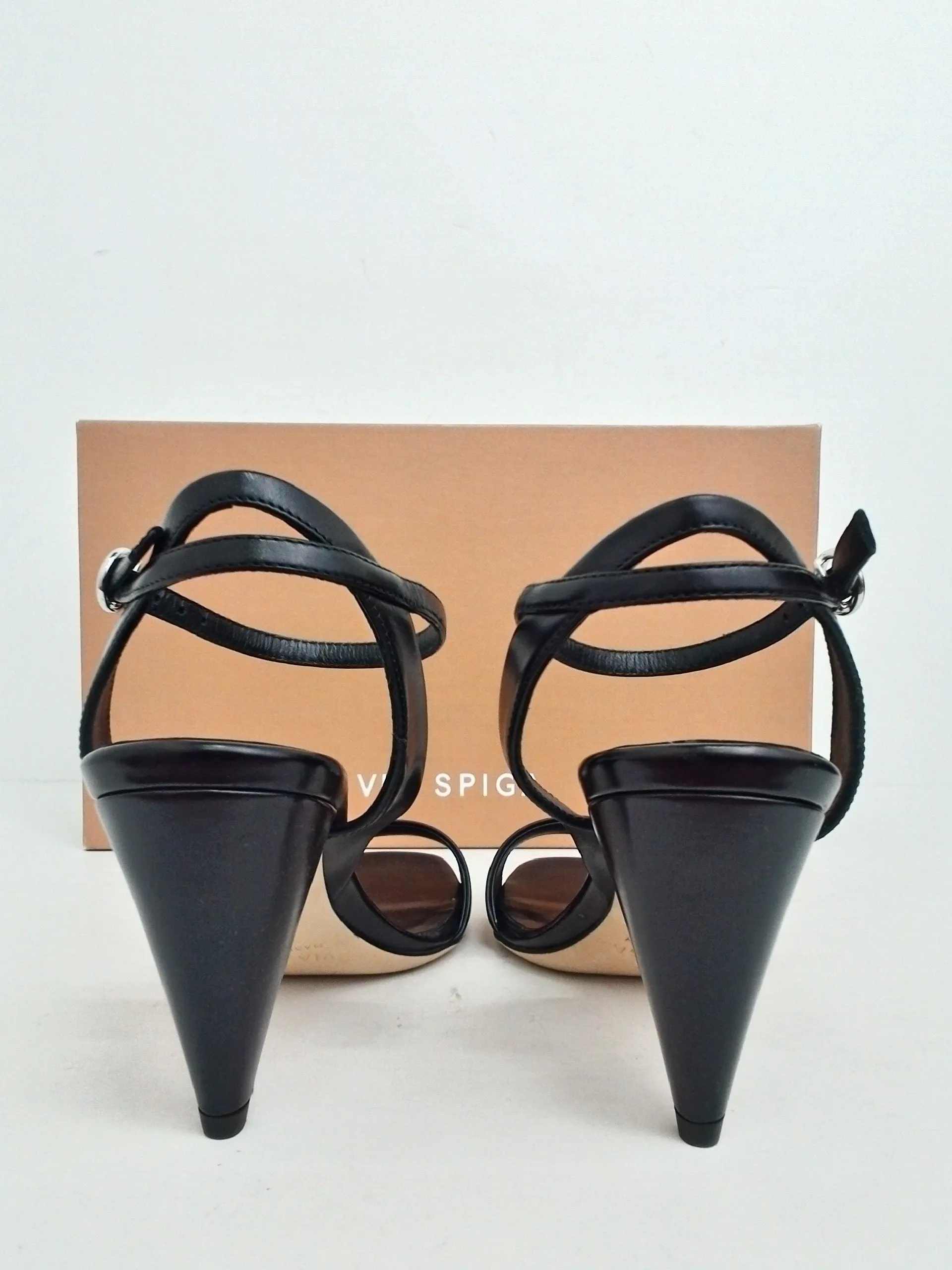 Via Spiga Women's Ria Black Leather Heeled Sandals Size 7.5 M