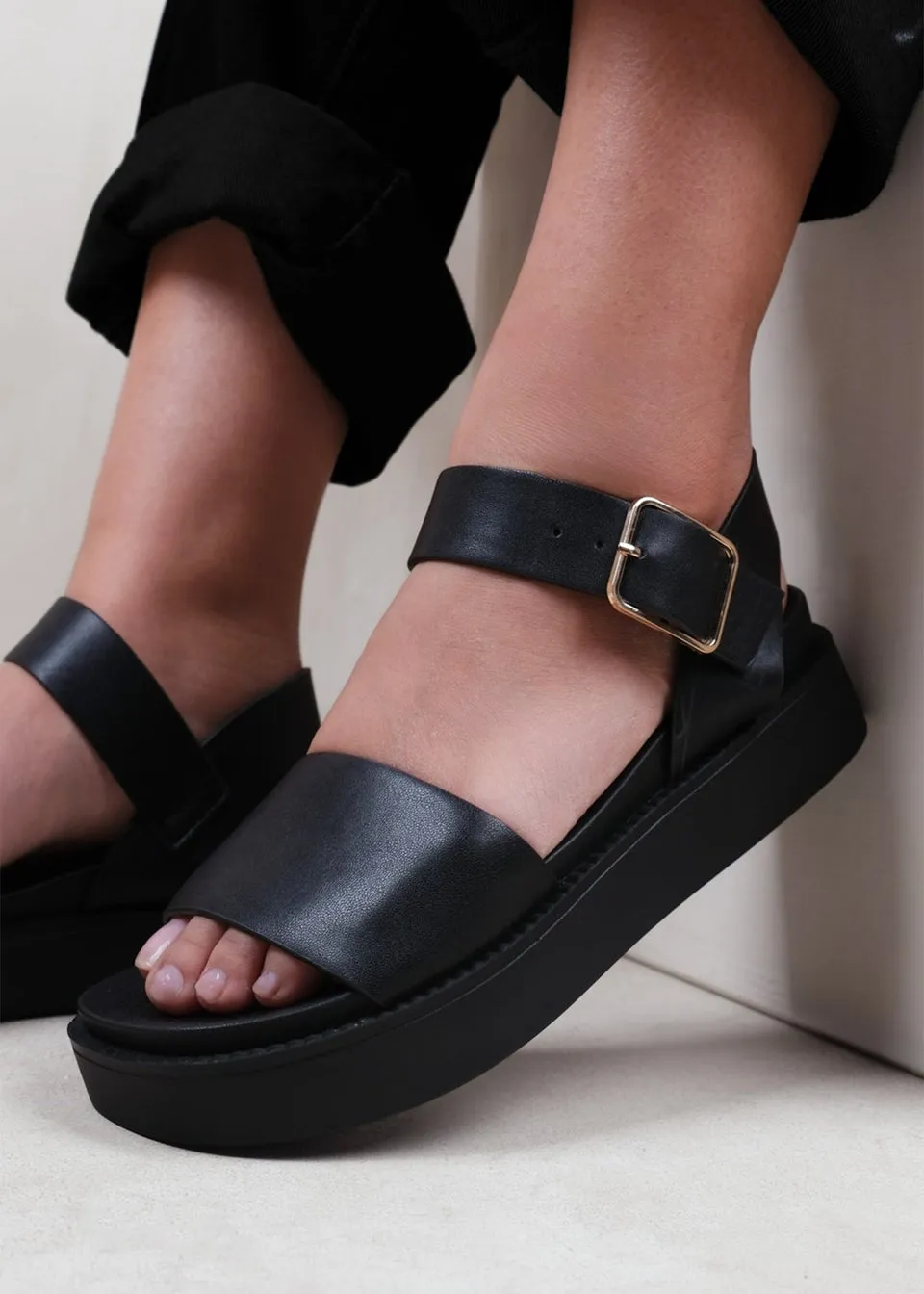 Where's That From Black Pu Phoenix Classic Flat Sandals