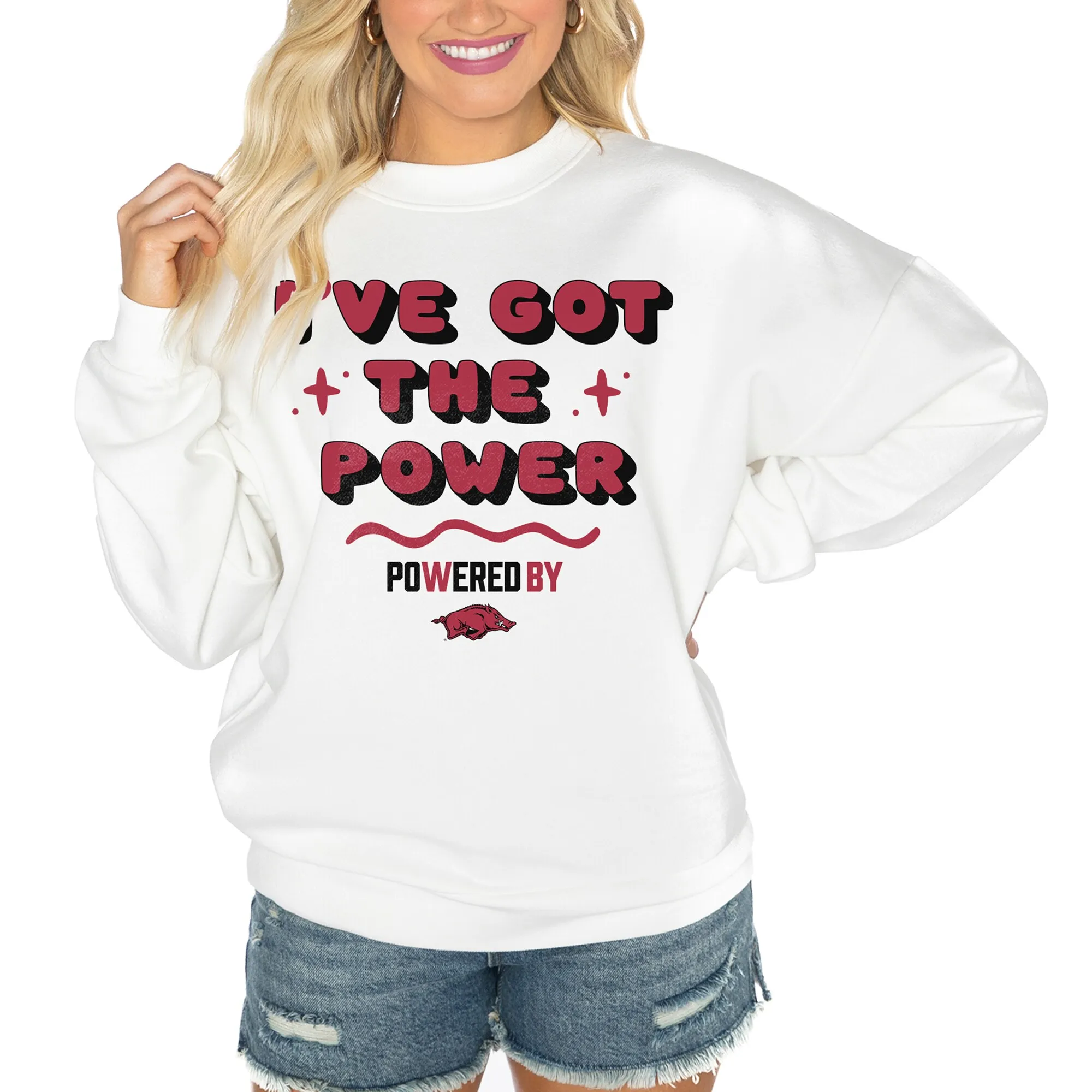 Women's Gameday Couture White Arkansas Razorbacks PoweredBy Got the Power Premium Pullover Sweatshirt