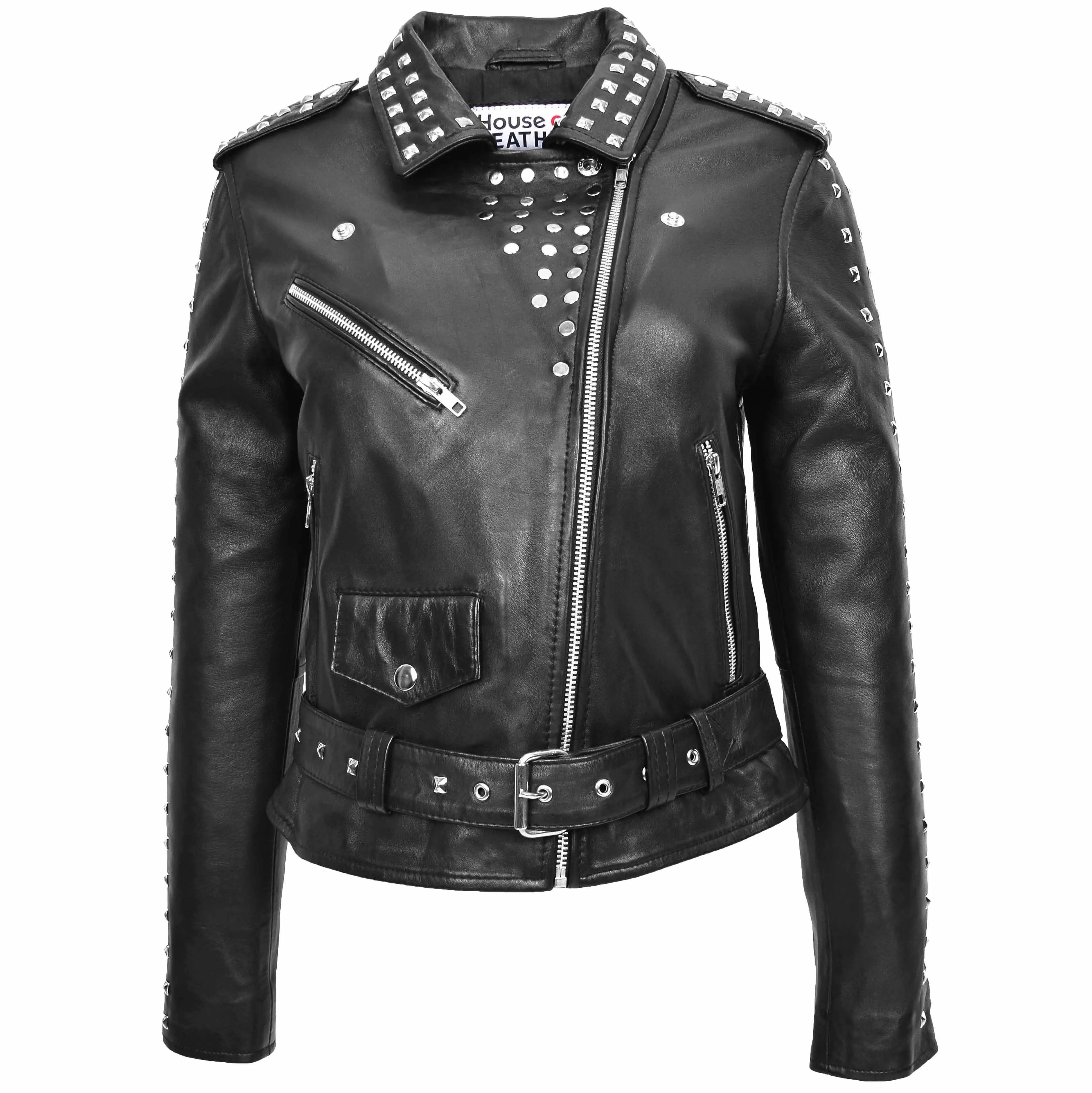 Womens Real Leather Biker Jacket Studded Brando Jacket Heidi Black