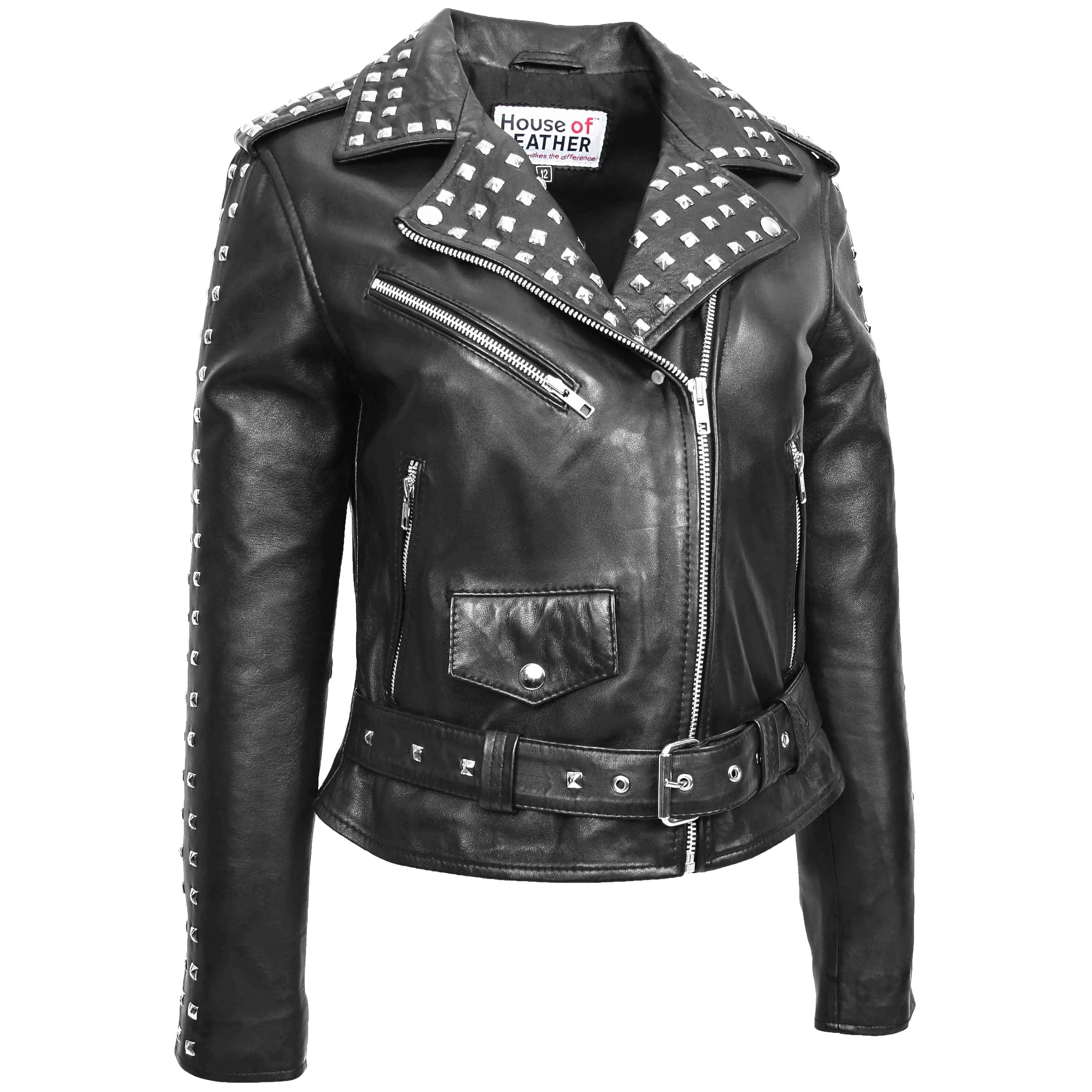 Womens Real Leather Biker Jacket Studded Brando Jacket Heidi Black