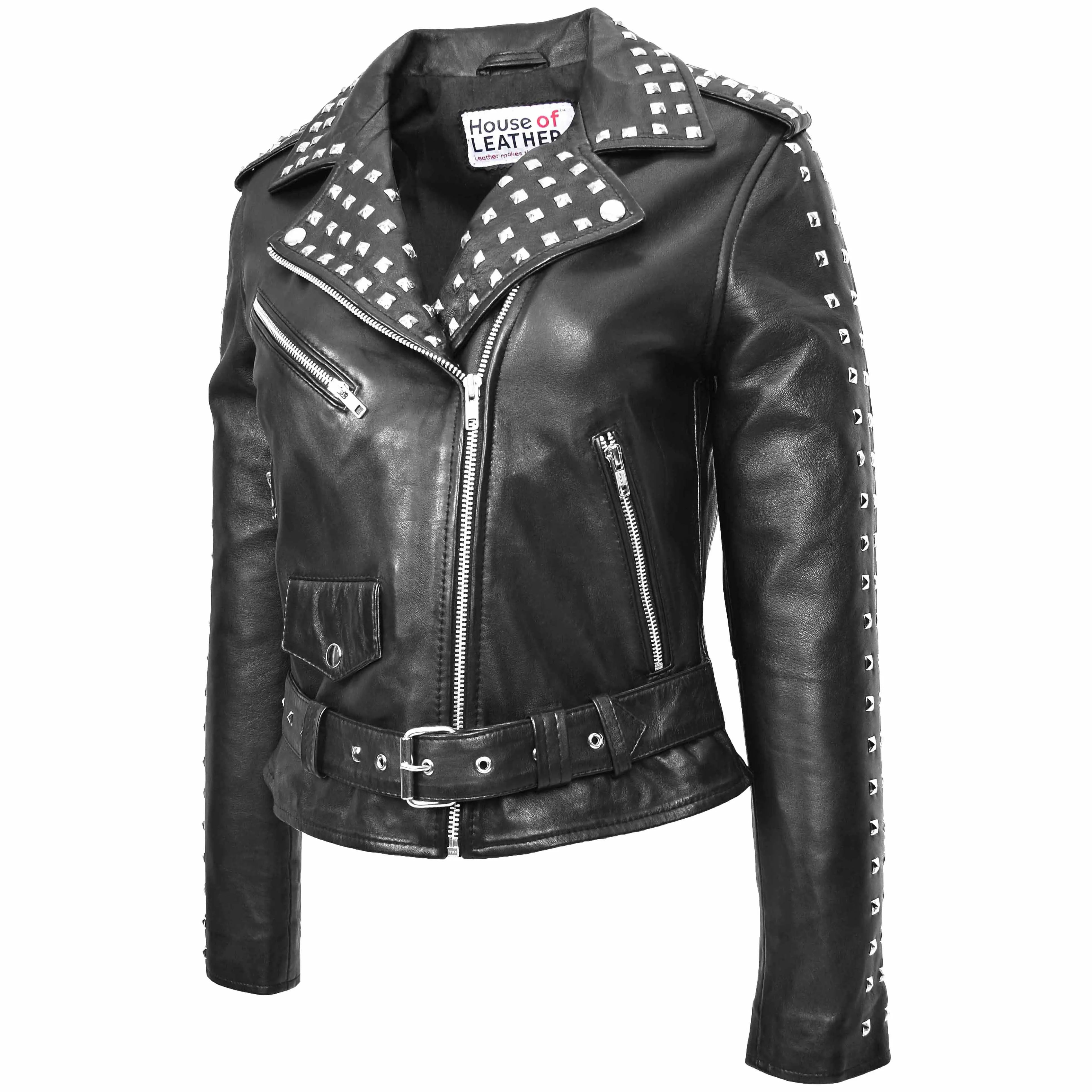 Womens Real Leather Biker Jacket Studded Brando Jacket Heidi Black