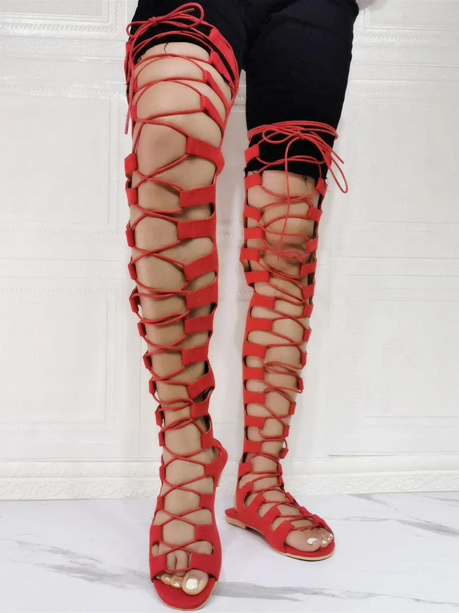 Women's Thigh High Lace Up Flat Gladiator Sandals in Suede