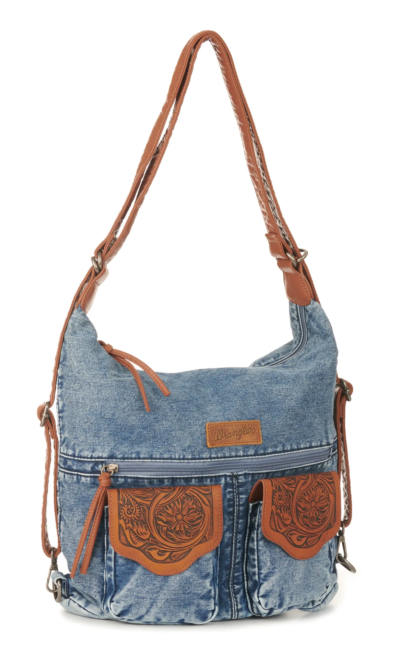 Wrangler Denim & Floral Tooled Leather Convertible Hobo/Crossbody/Backpack