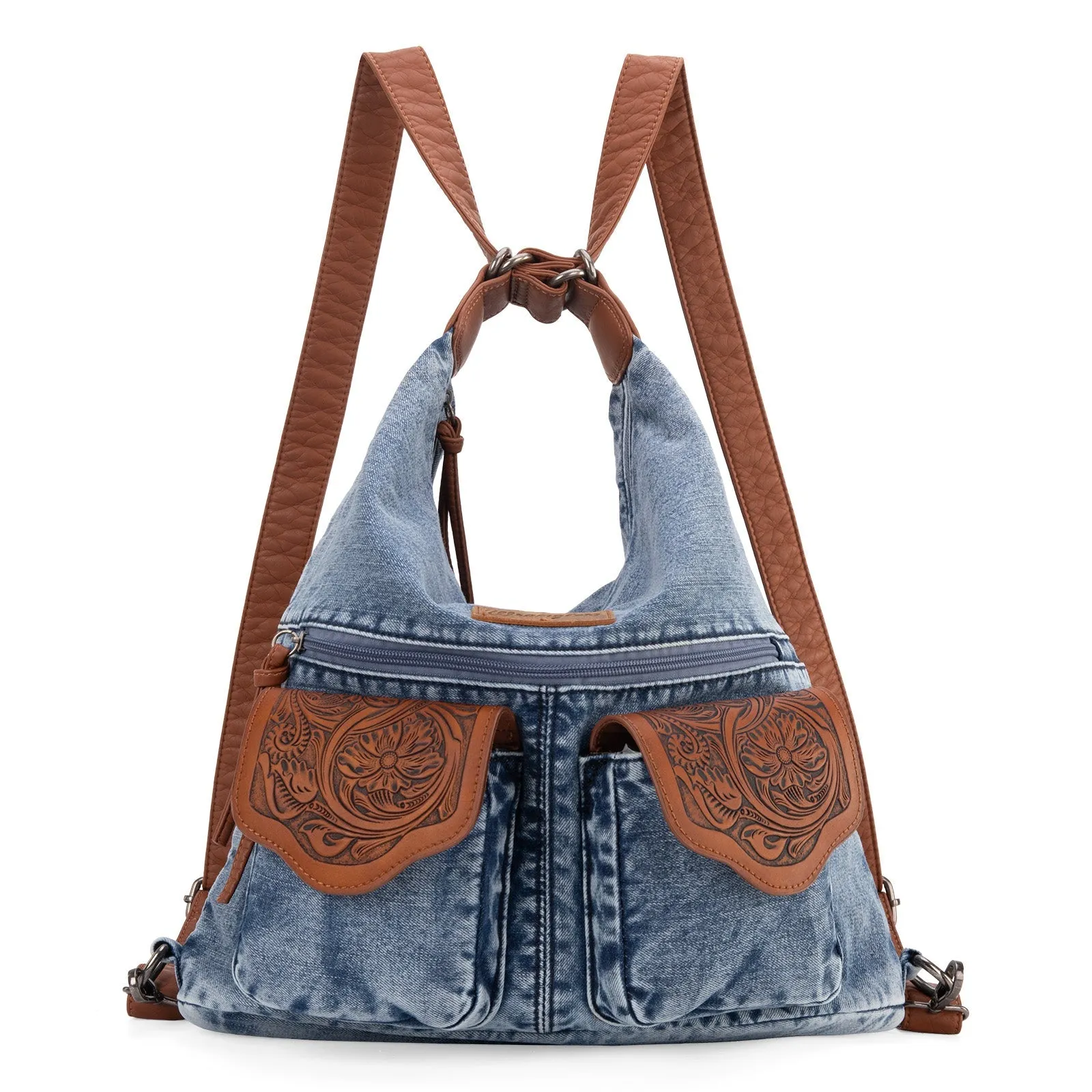 Wrangler Denim & Floral Tooled Leather Convertible Hobo/Crossbody/Backpack